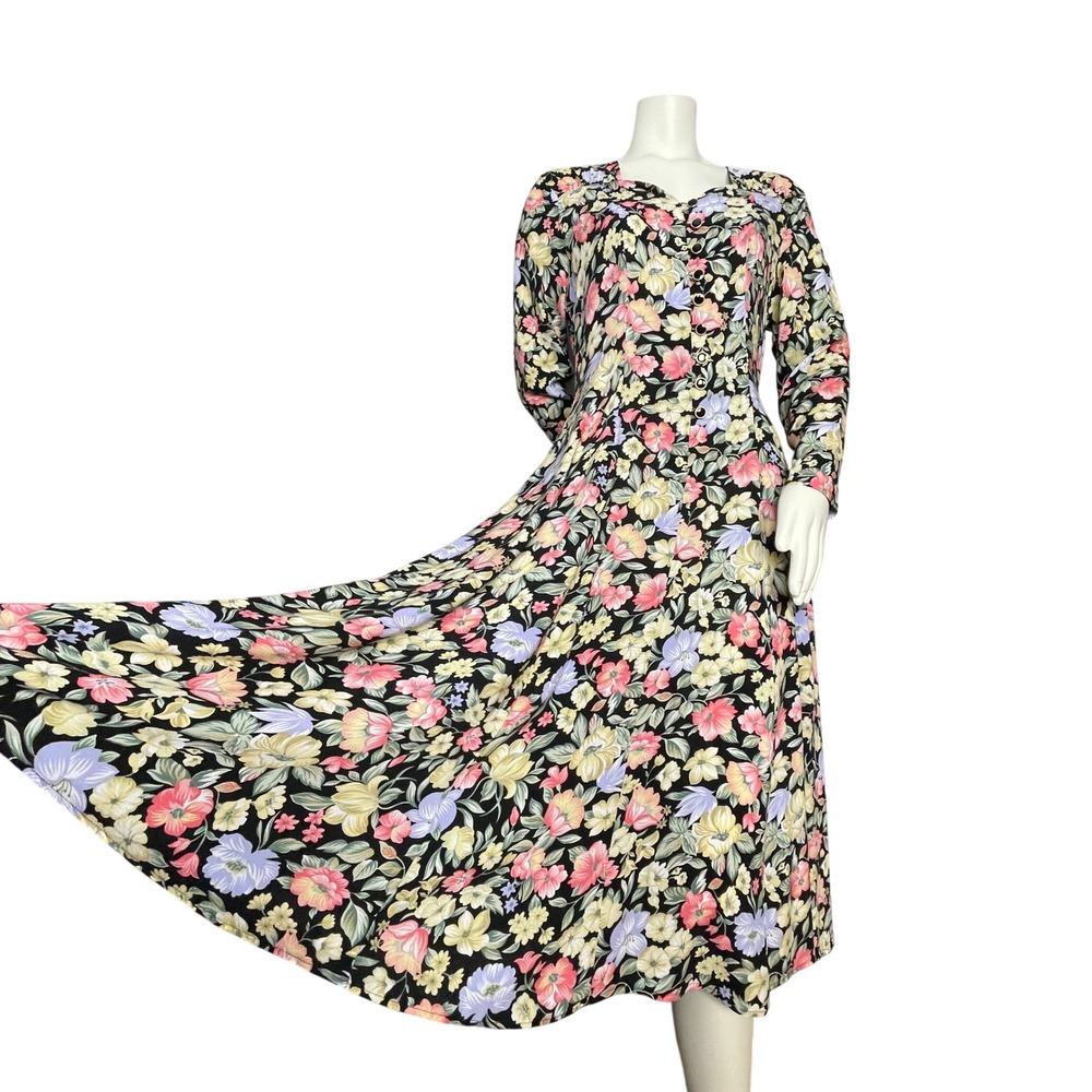 Vintage 90s Floral Dress Midi Black Sweetheart Neckline Long Sleeves Tie Rayon
